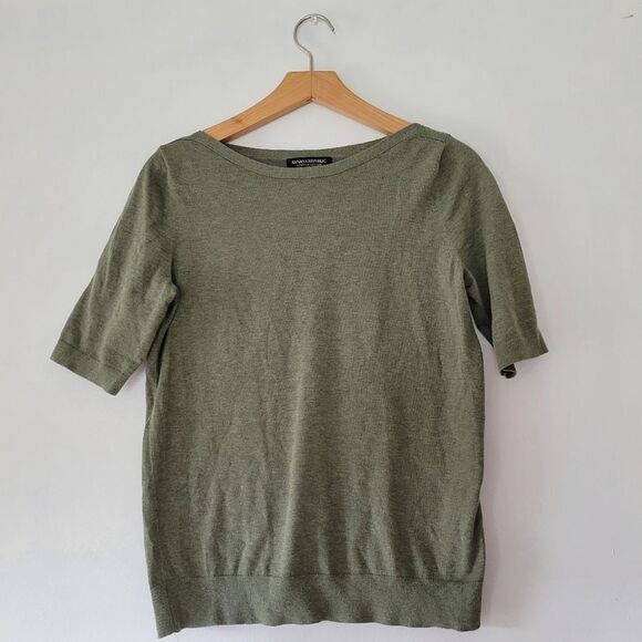 Banana Republic Stretch Cotton Olive Green Short Sleeve Sweater Boat Neck Small - Picture 1 of 5
